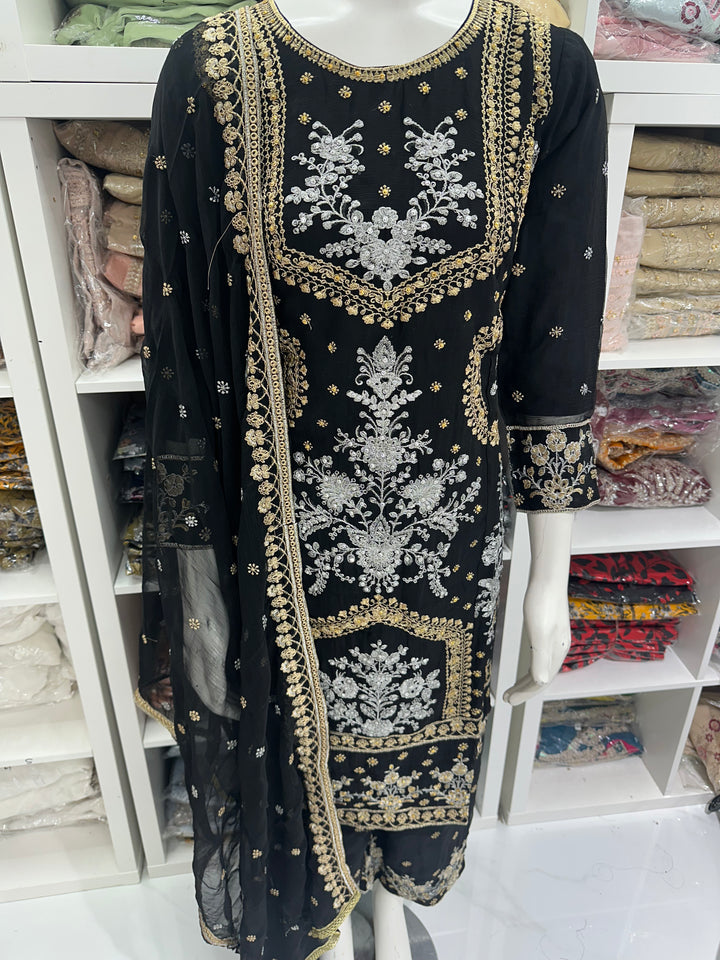 Three piece chiffon suits ready to wear with beautiful stone work