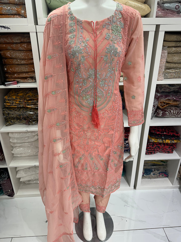 Three piece chiffon suits ready to wear with beautiful stone work