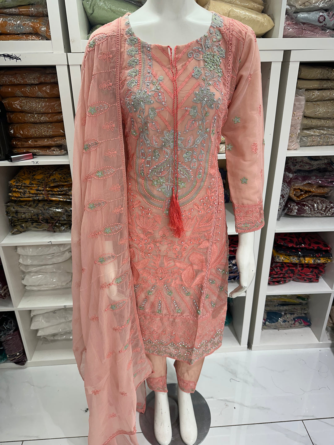 Three piece chiffon suits ready to wear with beautiful stone work