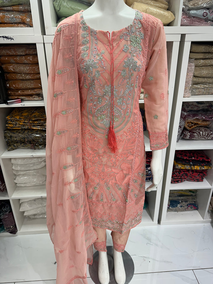Three piece chiffon suits ready to wear with beautiful stone work