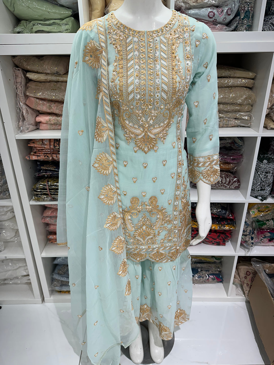 Three piece chiffon garara suits on offer