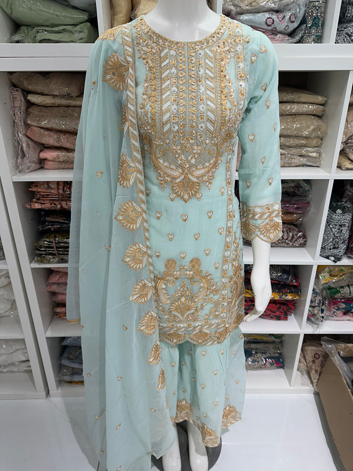 Three piece chiffon garara suits on offer