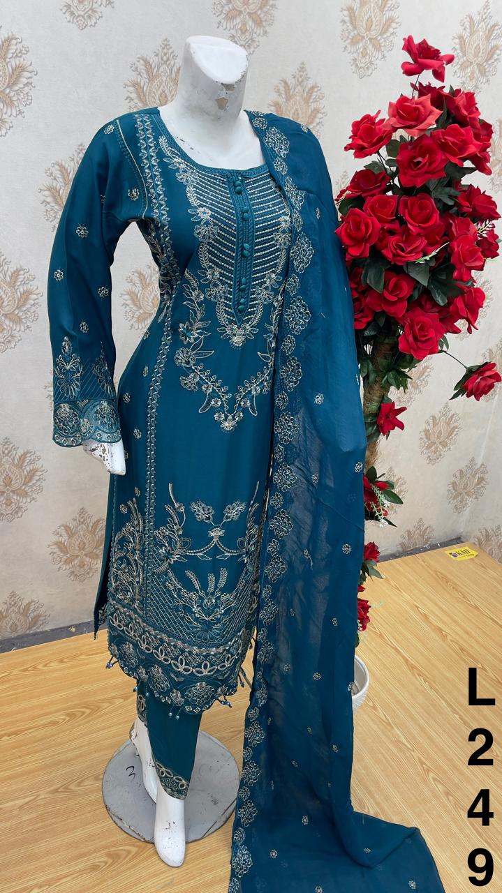 Three piece linen material suit for summers with chiffon dubatta