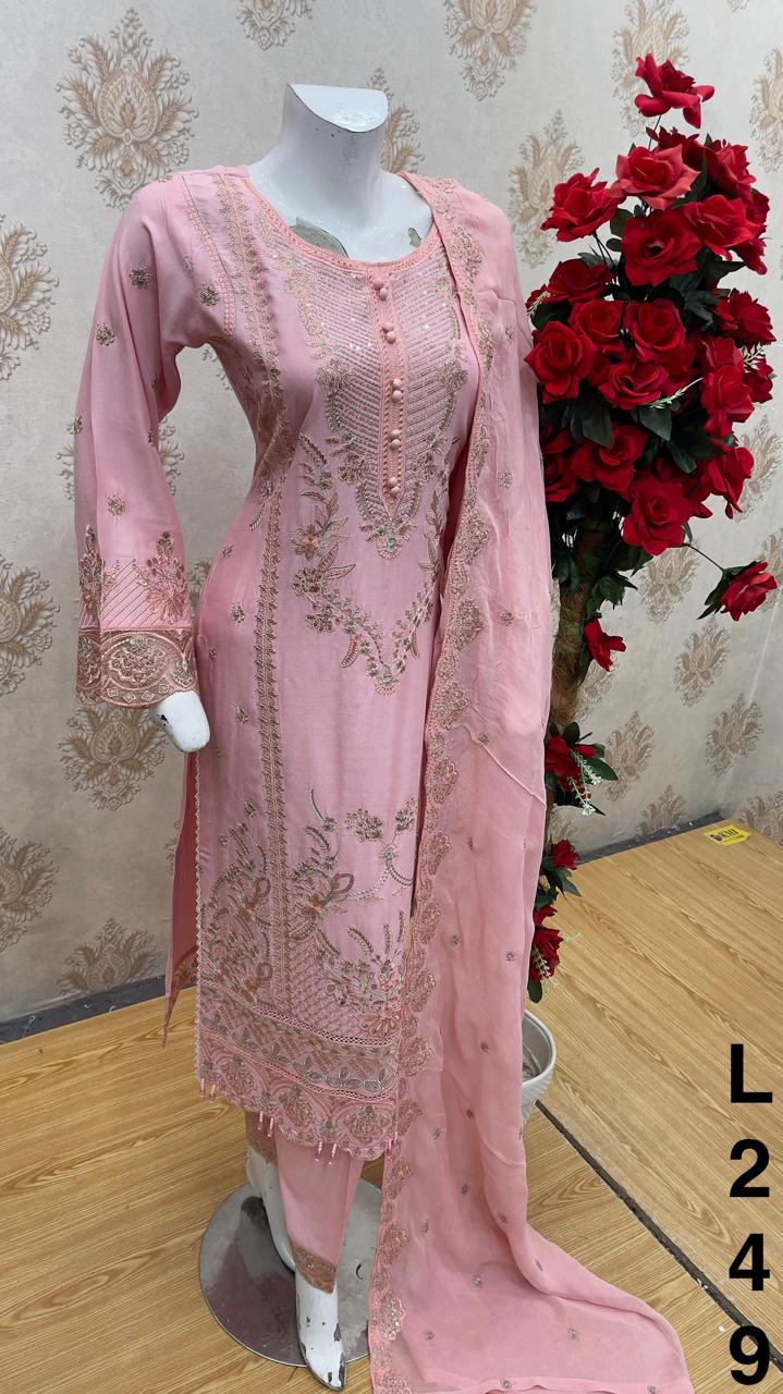 Three piece linen material suit for summers with chiffon dubatta