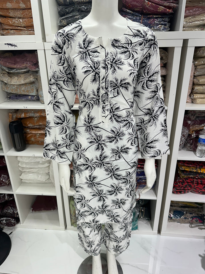 two piece linen material floral print suits on offer Ready to Wear