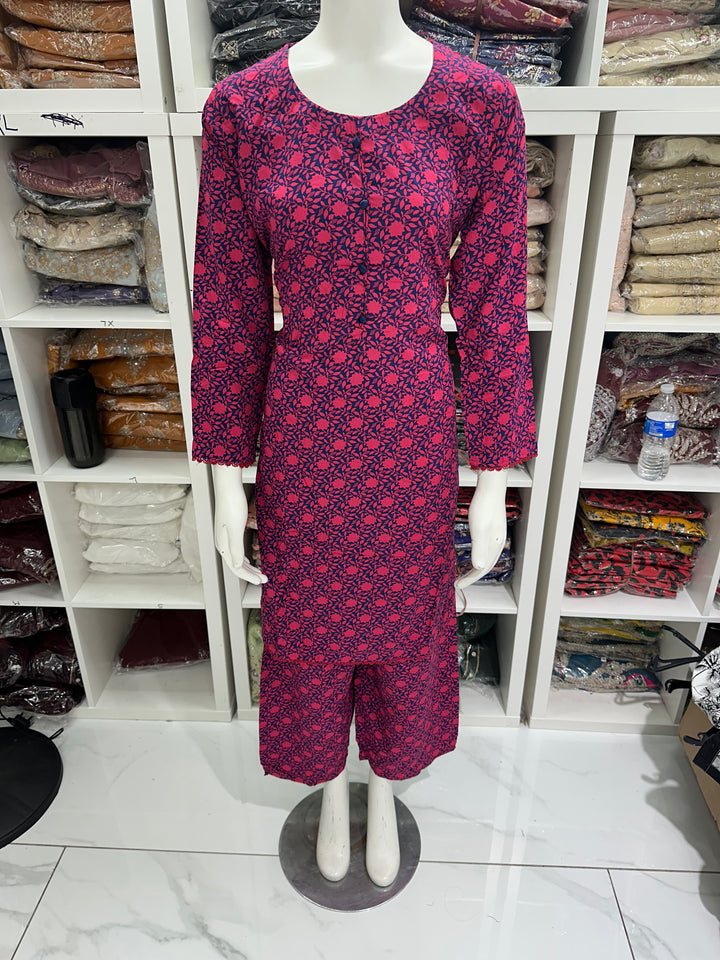 two piece linen material floral print suits on offer Ready to Wear