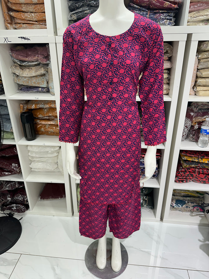 two piece linen material floral print suits on offer Ready to Wear