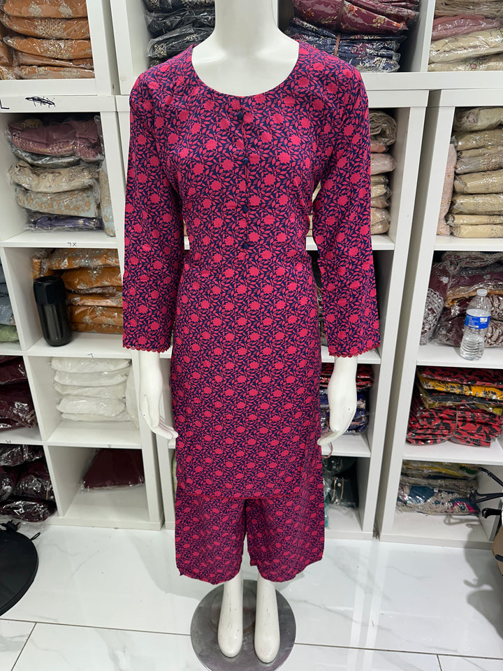 two piece linen material floral print suits on offer Ready to Wear