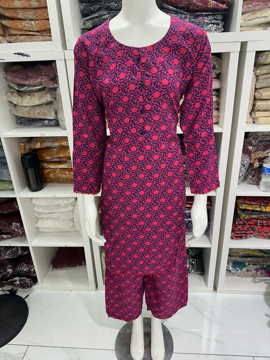 two piece linen material floral print suits on offer Ready to Wear