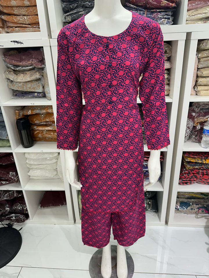 two piece linen material floral print suits on offer Ready to Wear