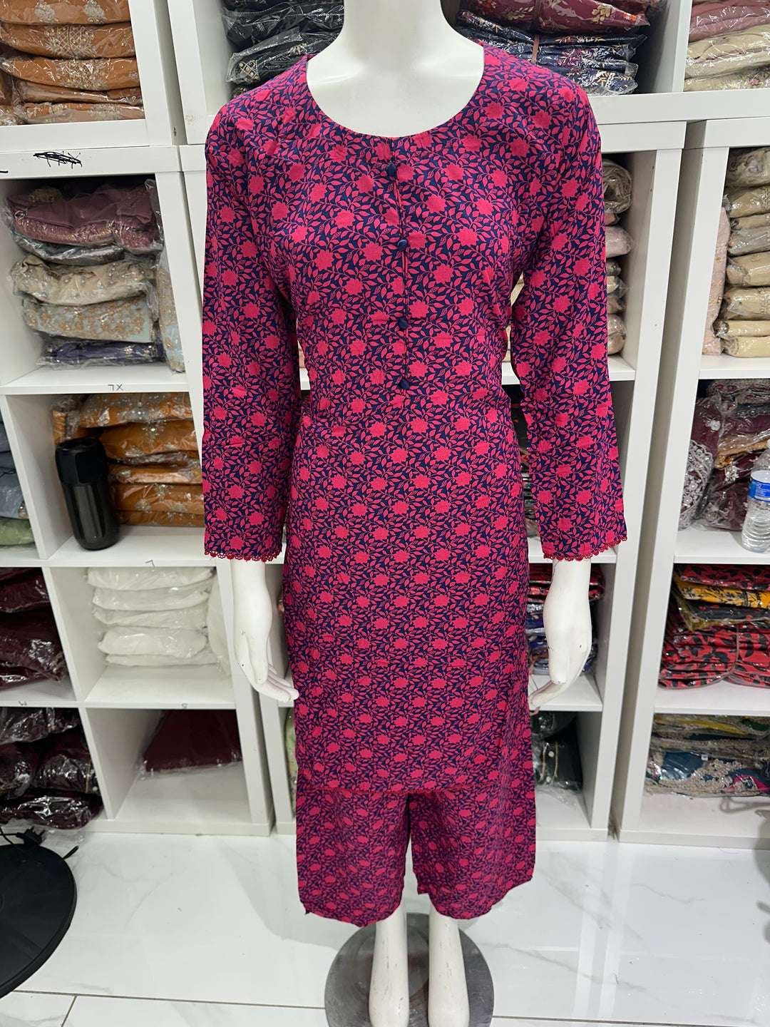 two piece linen material floral print suits on offer Ready to Wear