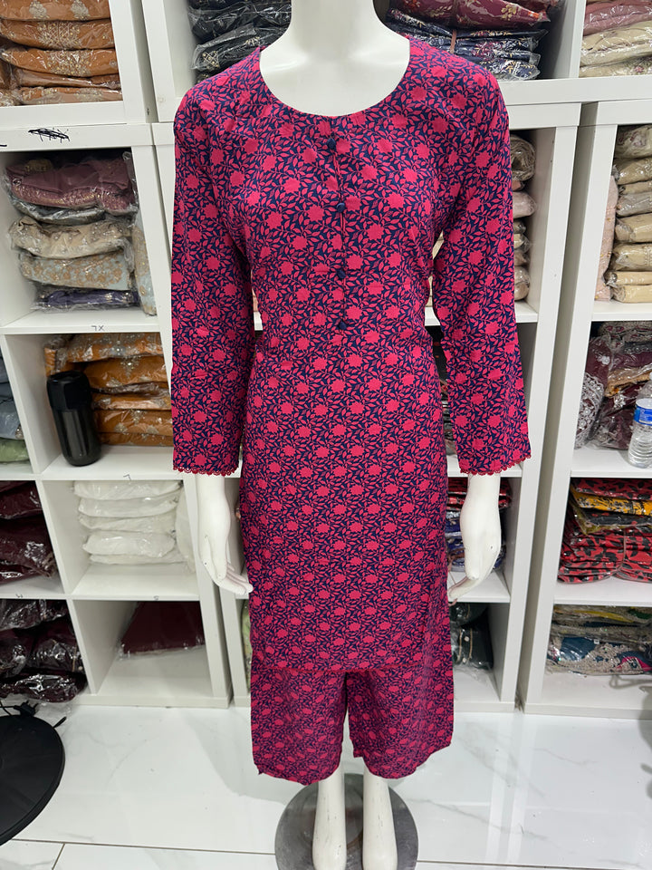 two piece linen material floral print suits on offer Ready to Wear