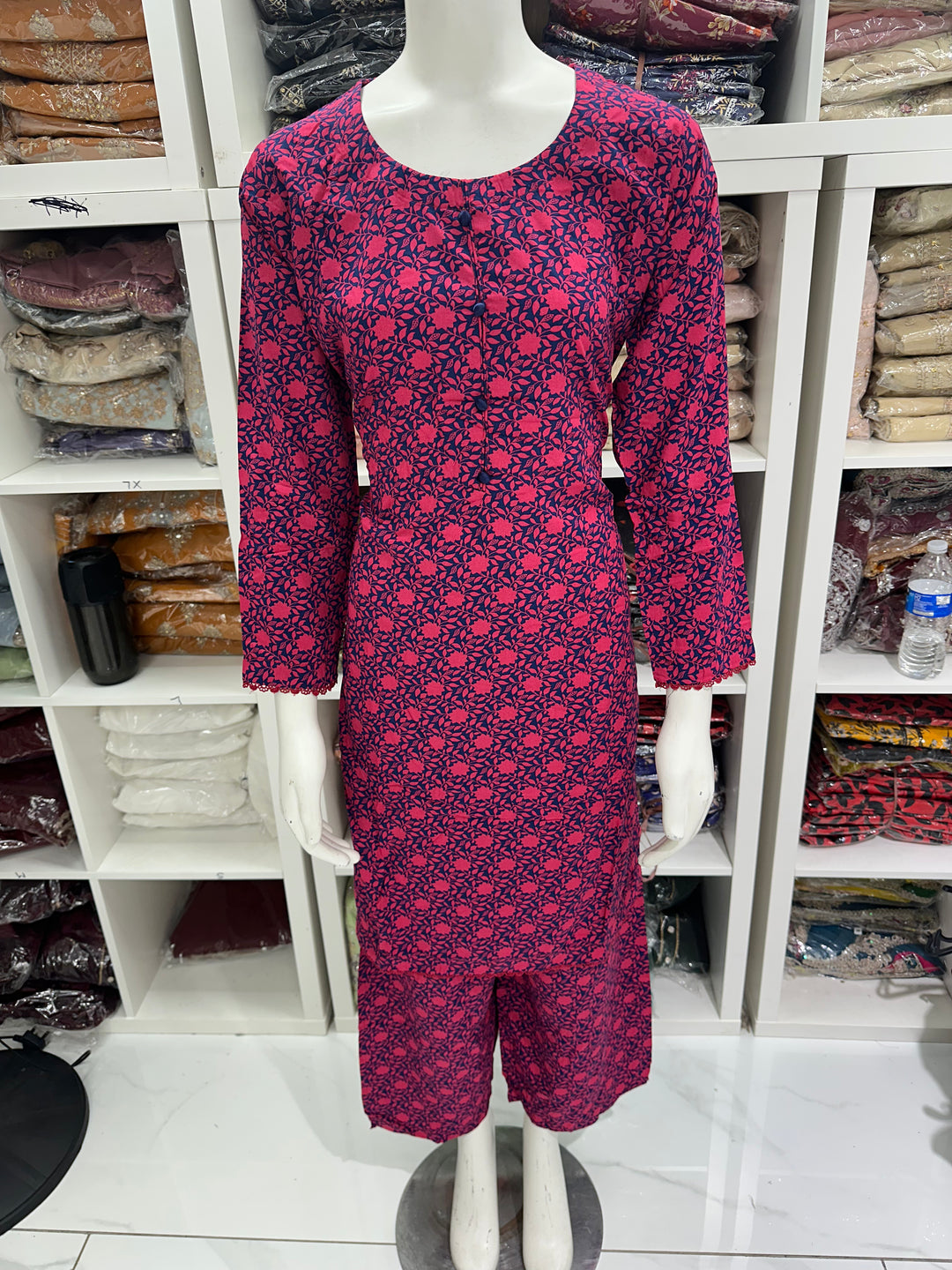 two piece linen material floral print suits on offer Ready to Wear