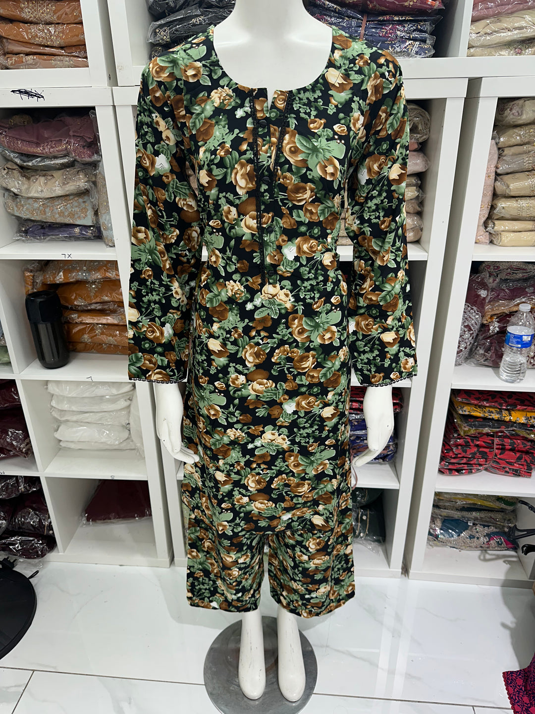 two piece linen material floral print suits on offer Ready to Wear
