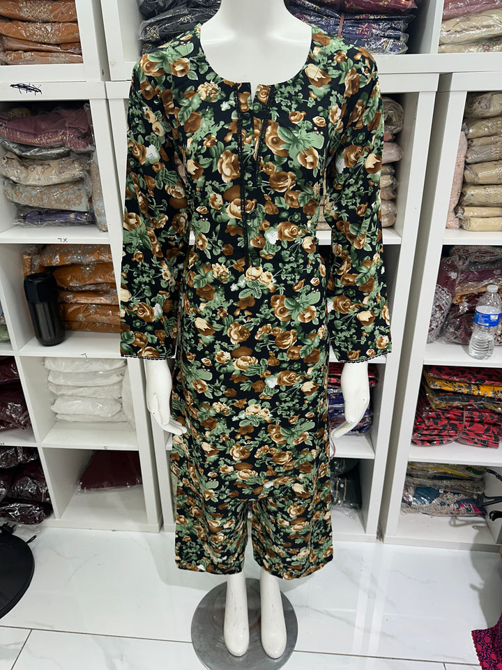 two piece linen material floral print suits on offer Ready to Wear