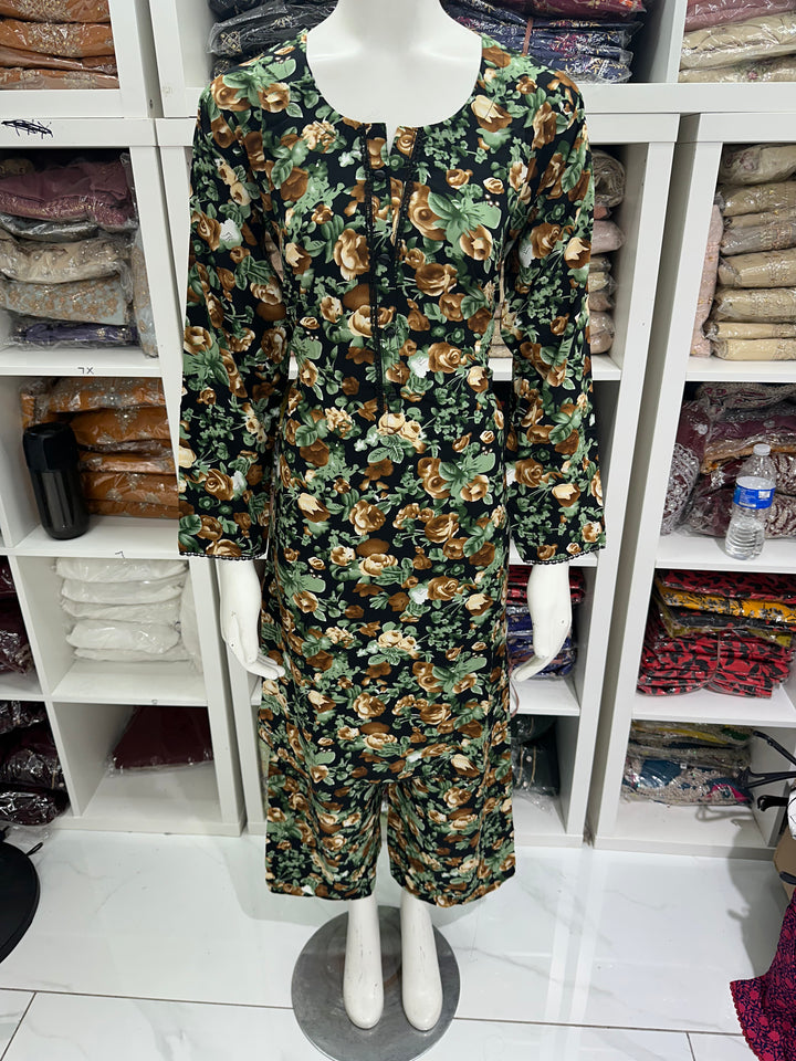 two piece linen material floral print suits on offer Ready to Wear
