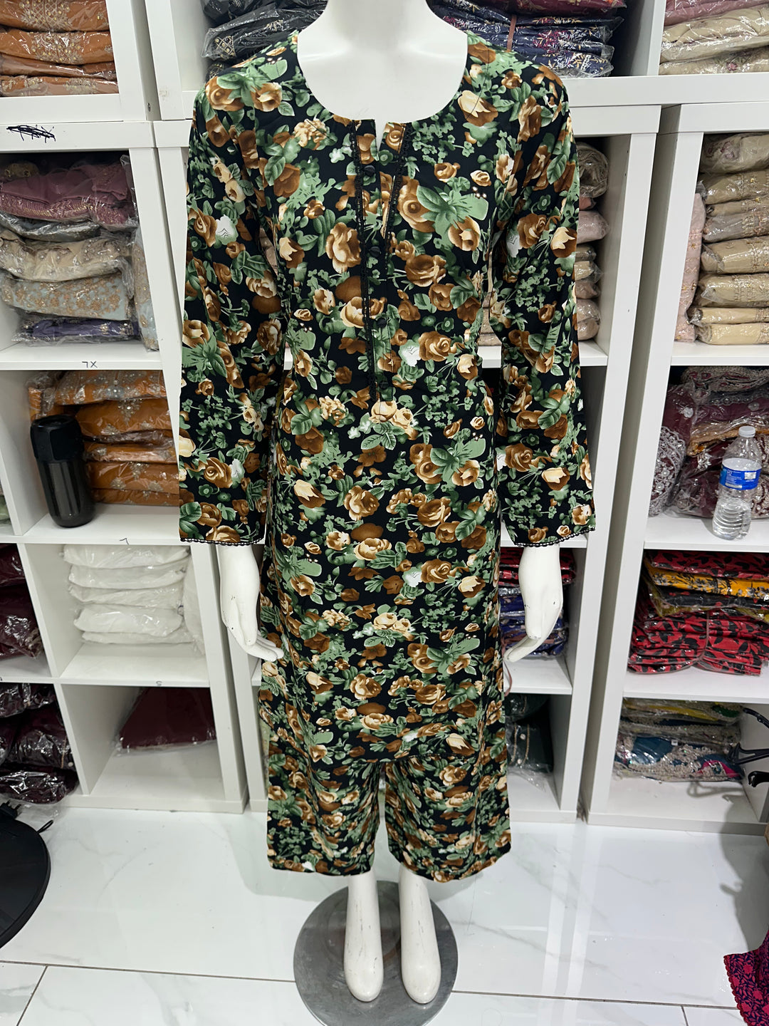 two piece linen material floral print suits on offer Ready to Wear