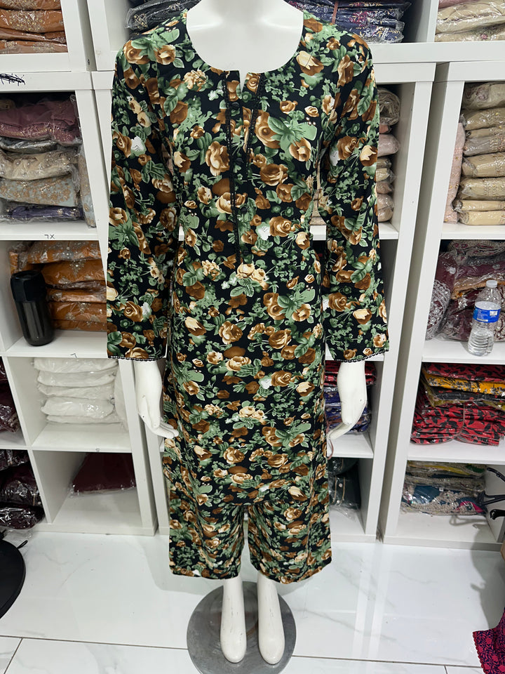 two piece linen material floral print suits on offer Ready to Wear