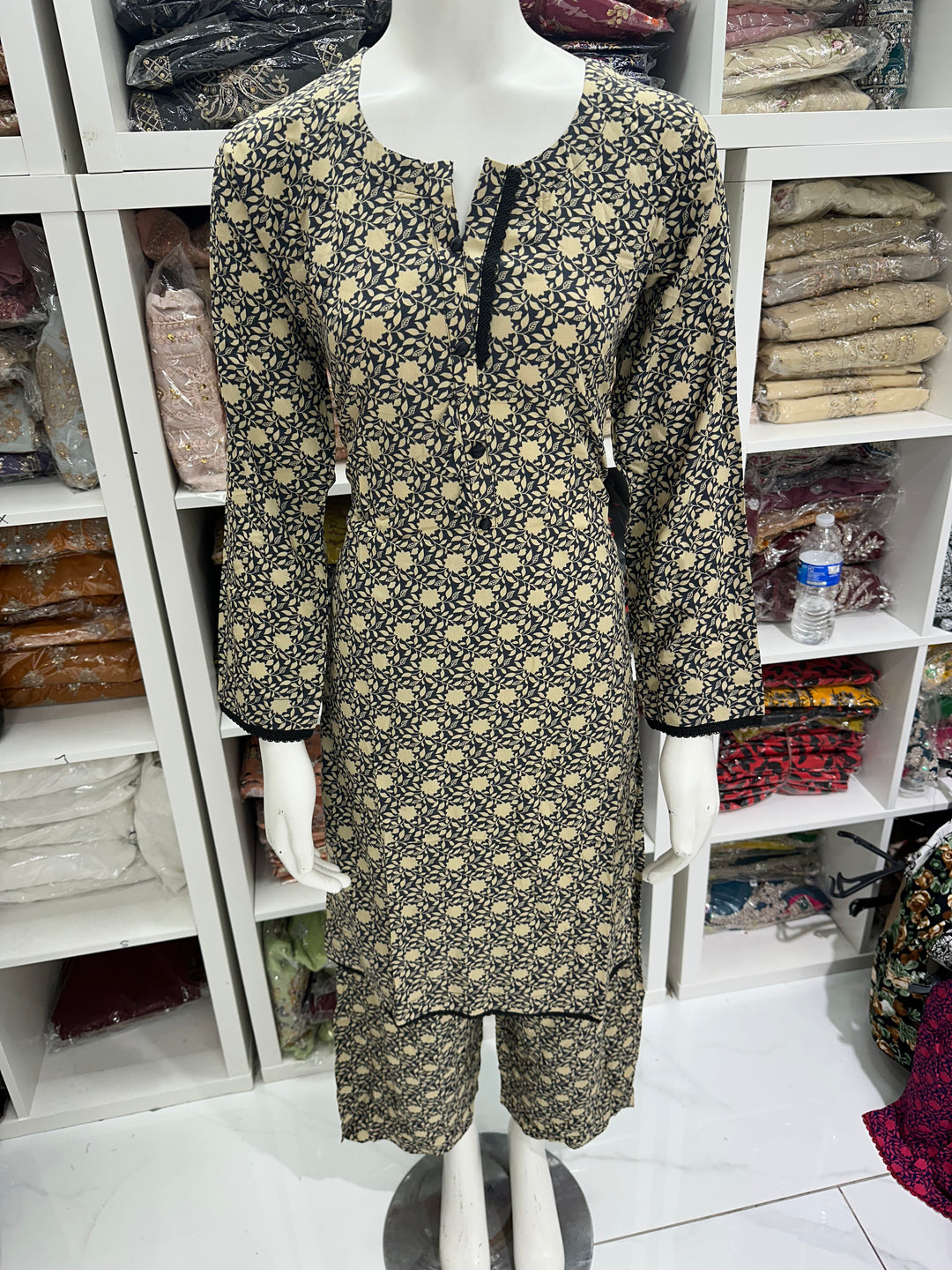 two piece linen material floral print suits on offer Ready to Wear