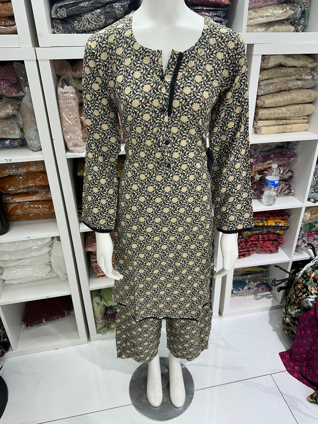 two piece linen material floral print suits on offer Ready to Wear
