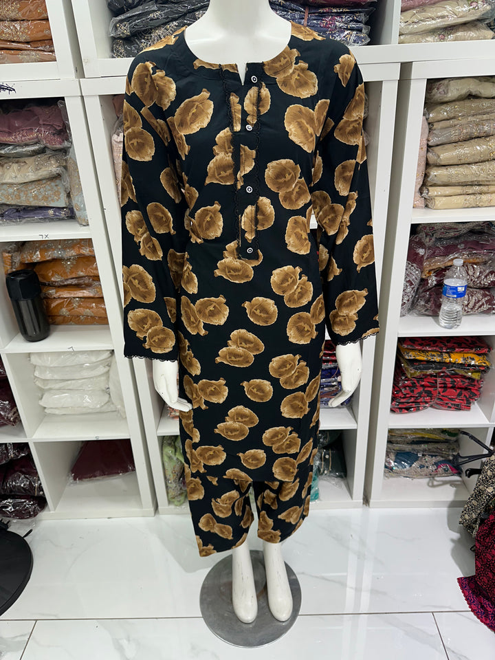 two piece linen material floral print suits on offer Ready to Wear