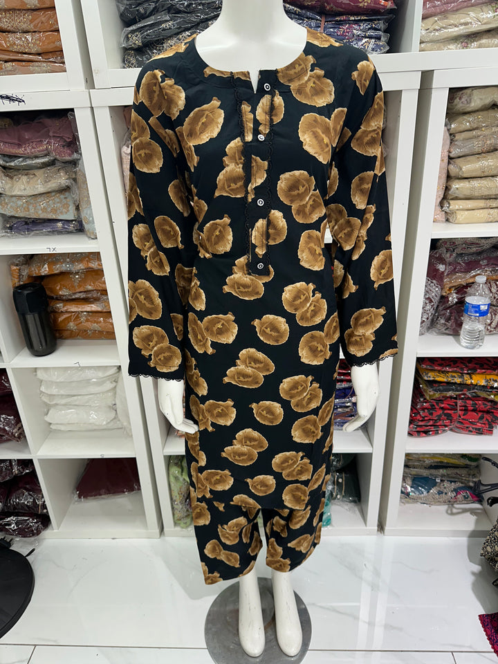 two piece linen material floral print suits on offer Ready to Wear