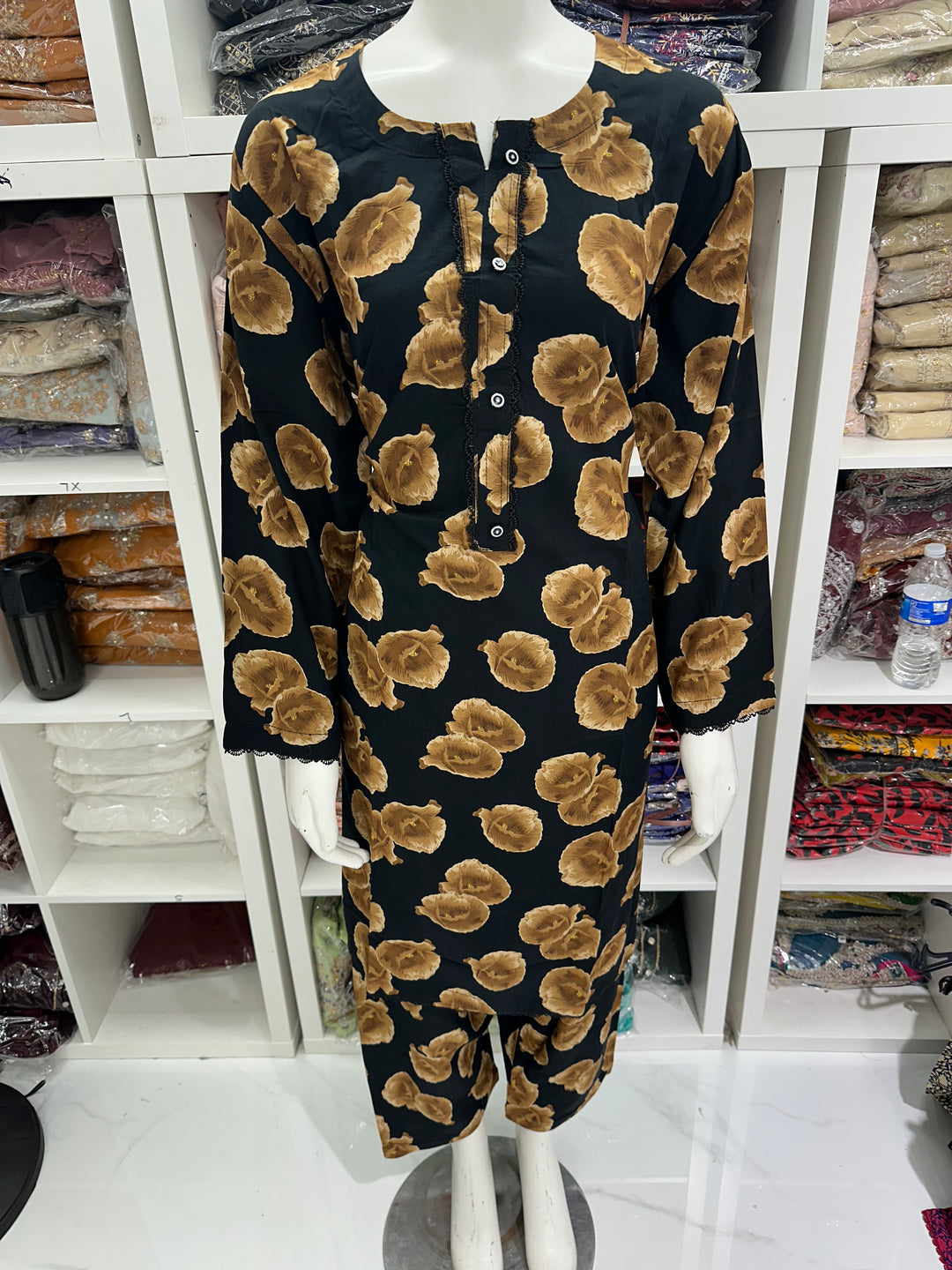 two piece linen material floral print suits on offer Ready to Wear