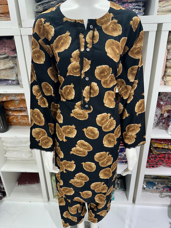 two piece linen material floral print suits on offer Ready to Wear