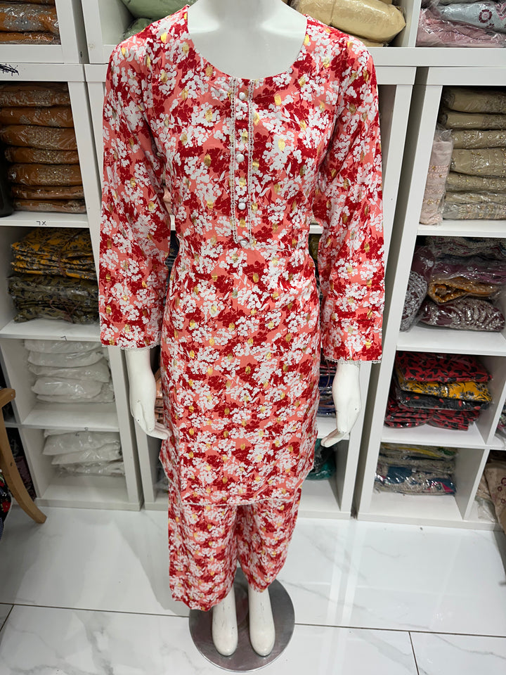 two piece linen material floral print suits on offer Ready to Wear