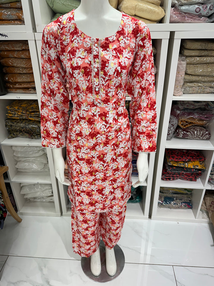 two piece linen material floral print suits on offer Ready to Wear