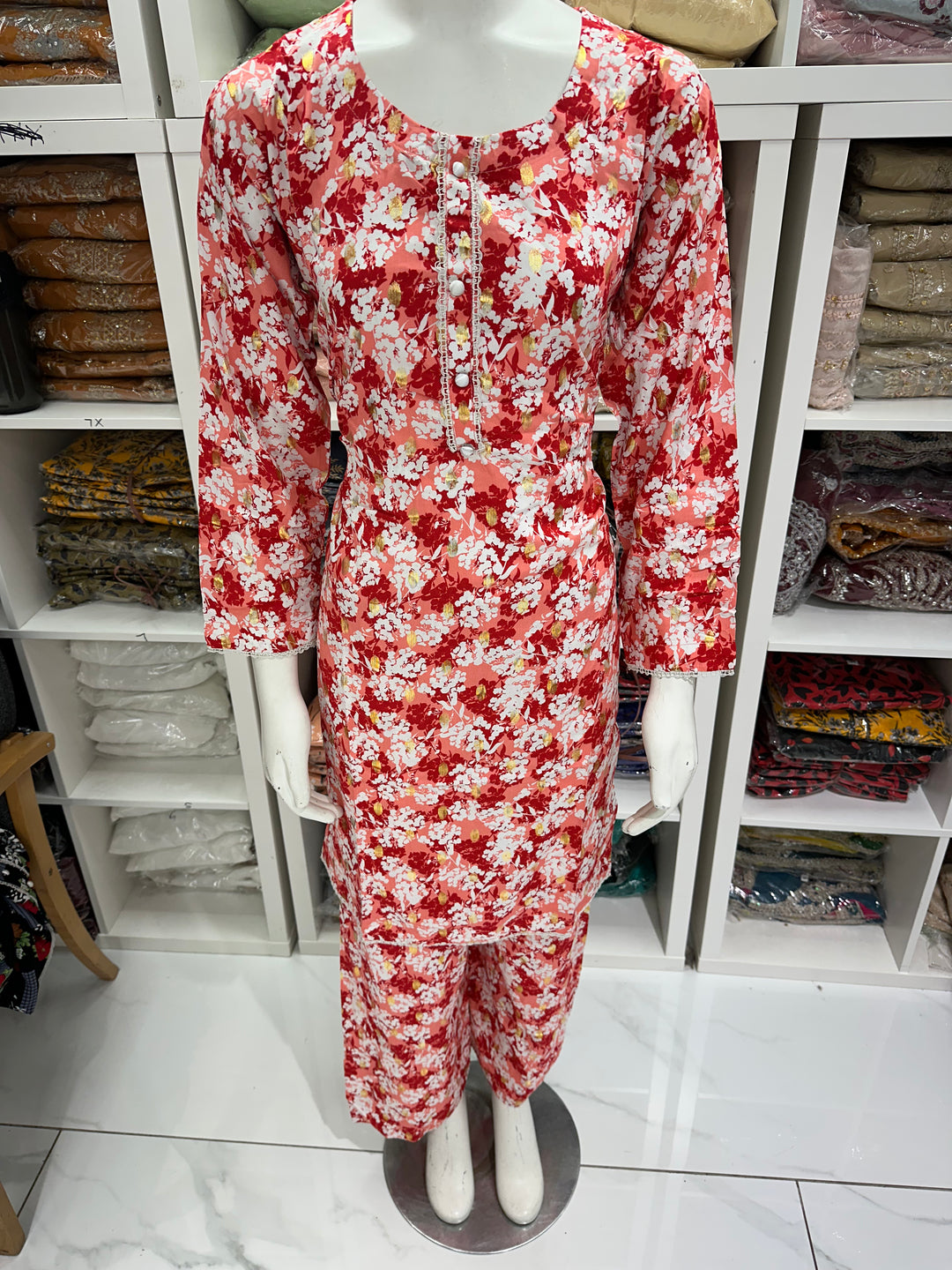 two piece linen material floral print suits on offer Ready to Wear