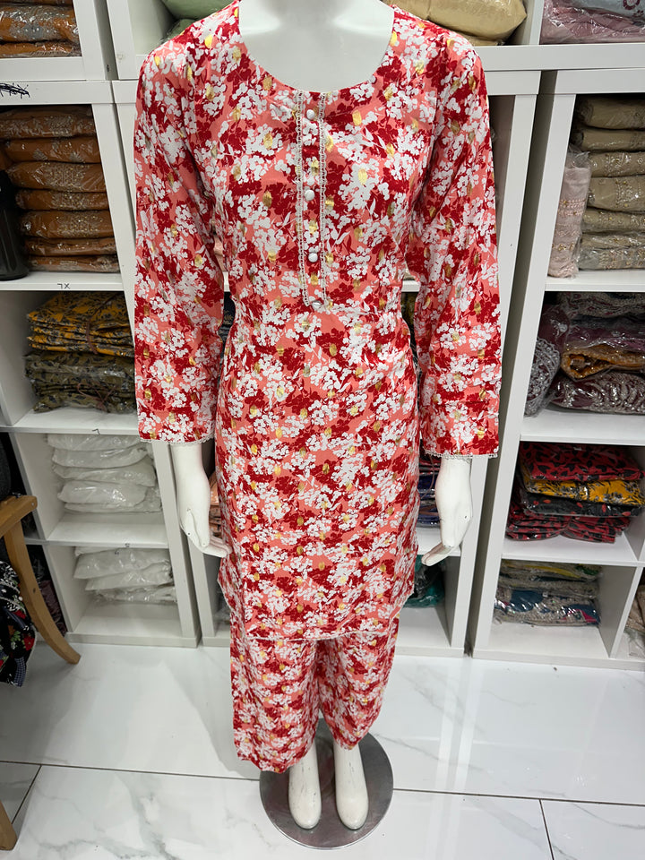two piece linen material floral print suits on offer Ready to Wear