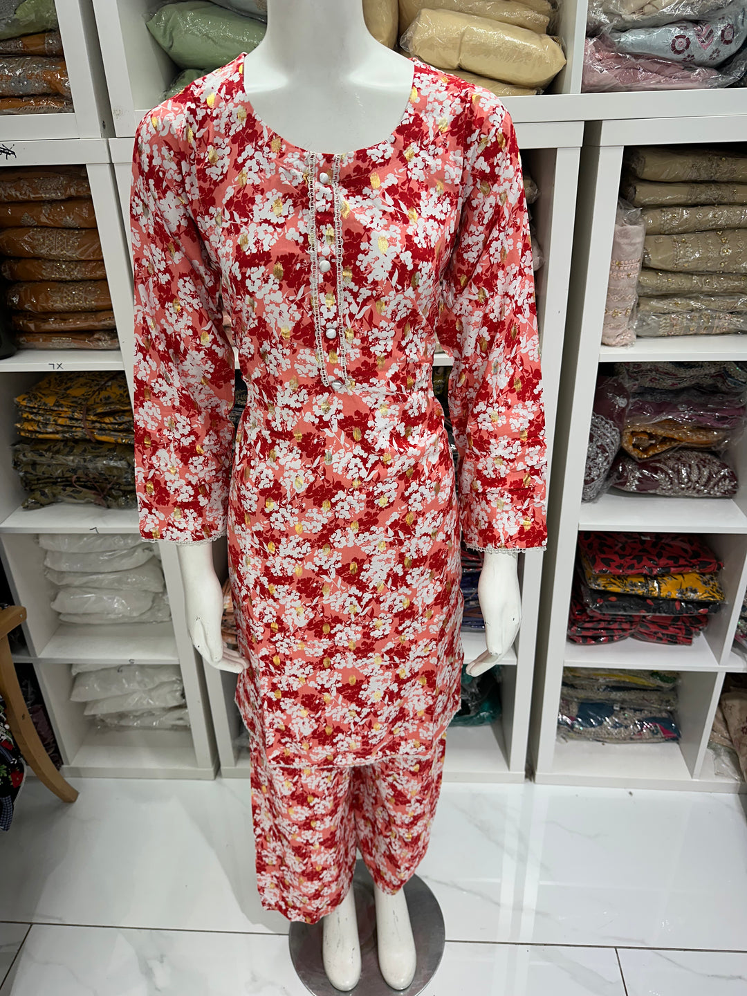 two piece linen material floral print suits on offer Ready to Wear