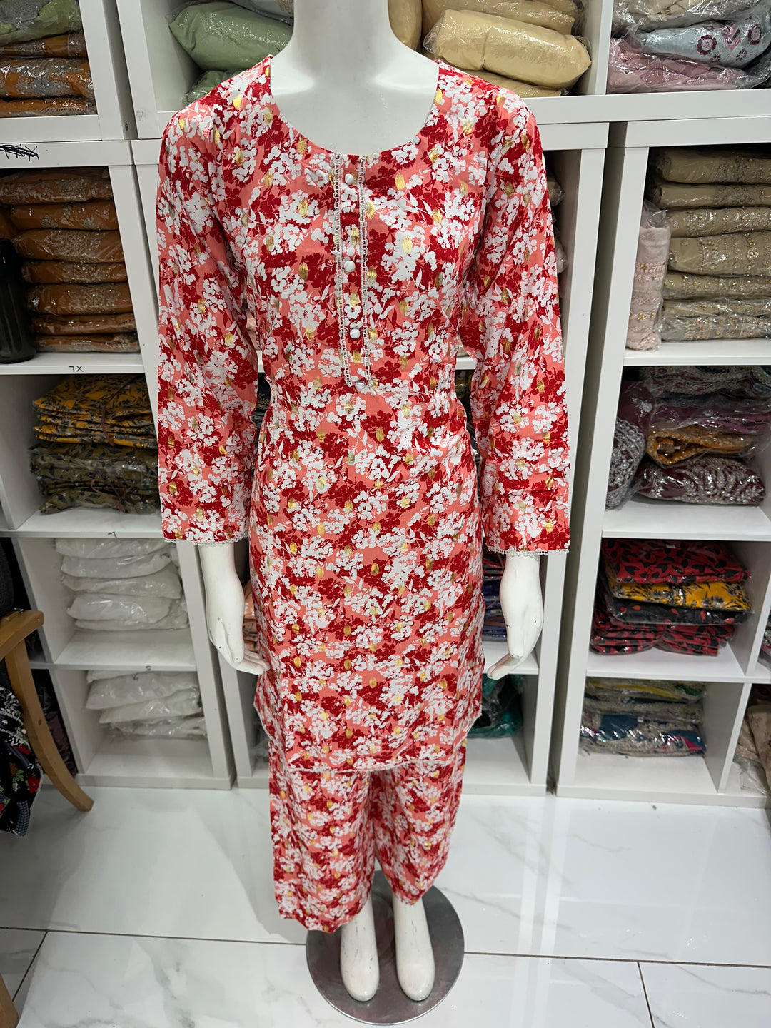 two piece linen material floral print suits on offer Ready to Wear
