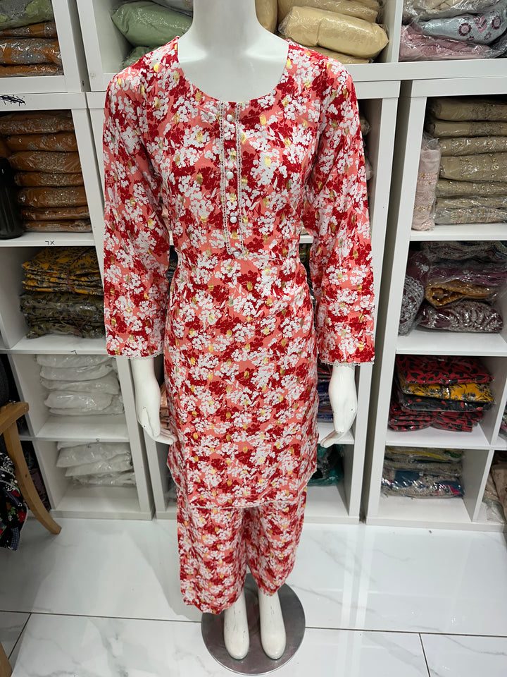 two piece linen material floral print suits on offer Ready to Wear