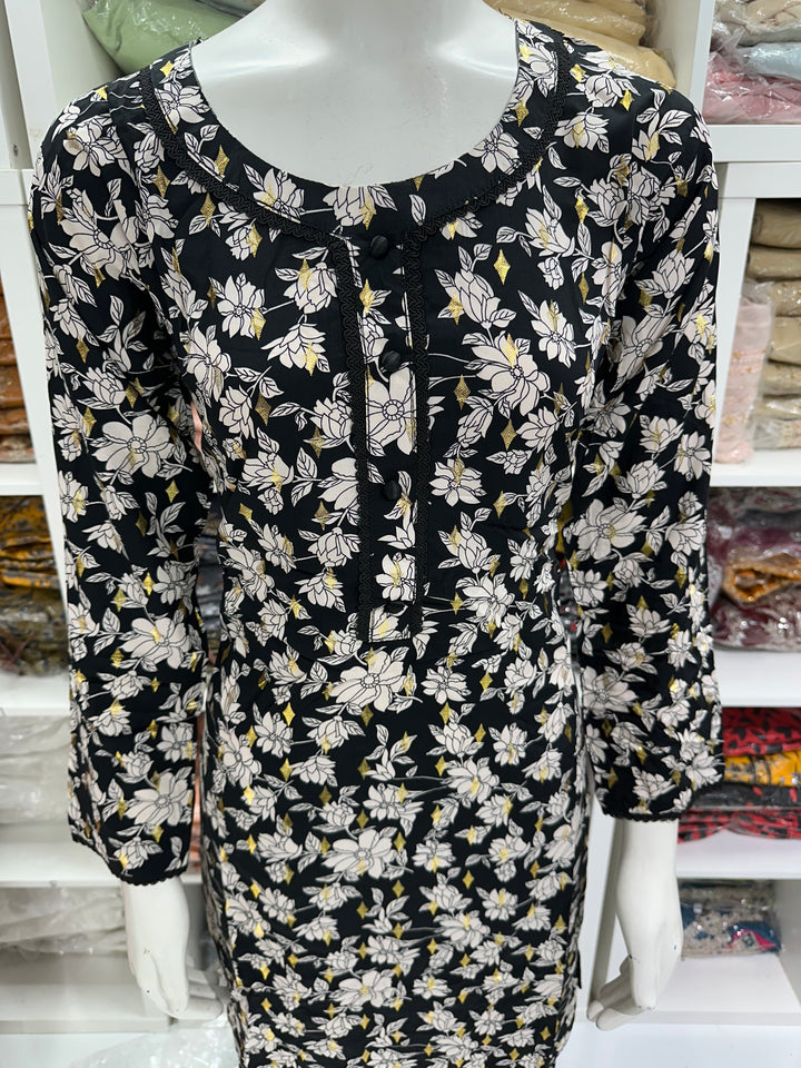 two piece linen material floral print suits on offer Ready to Wear