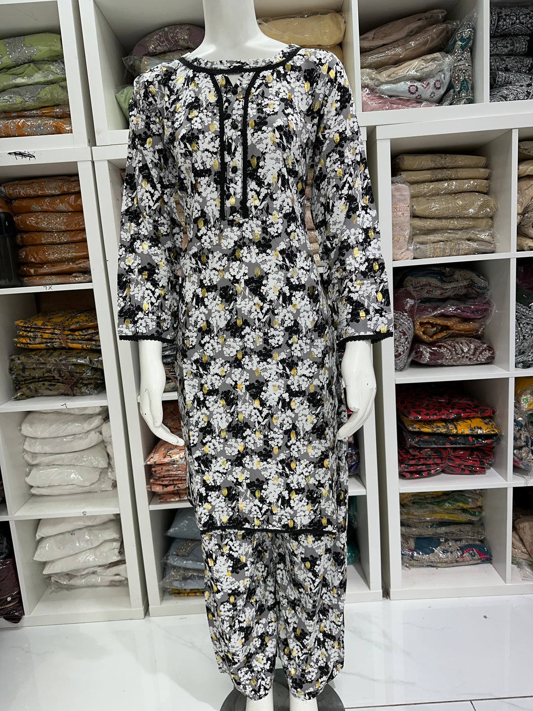 two piece linen material floral print suits on offer Ready to Wear