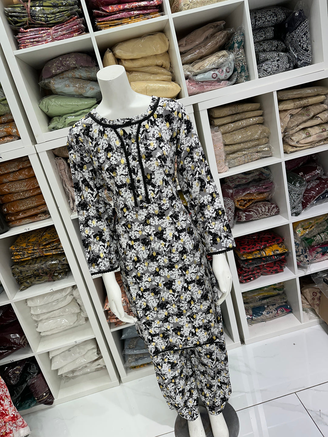 two piece linen material floral print suits on offer Ready to Wear