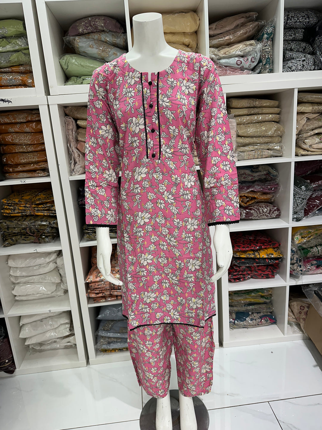 two piece linen material floral print suits on offer Ready to Wear