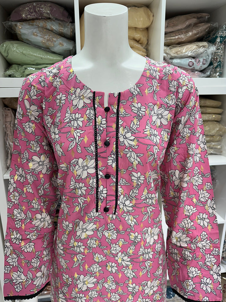 two piece linen material floral print suits on offer Ready to Wear