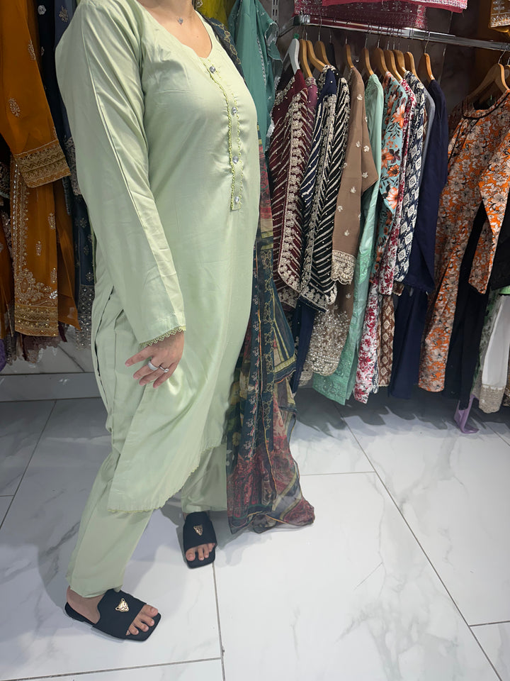 three piece linen material plain suits with trouser- Ready to Wear