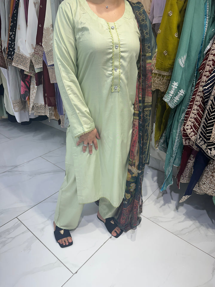 three piece linen material plain suits with trouser- Ready to Wear