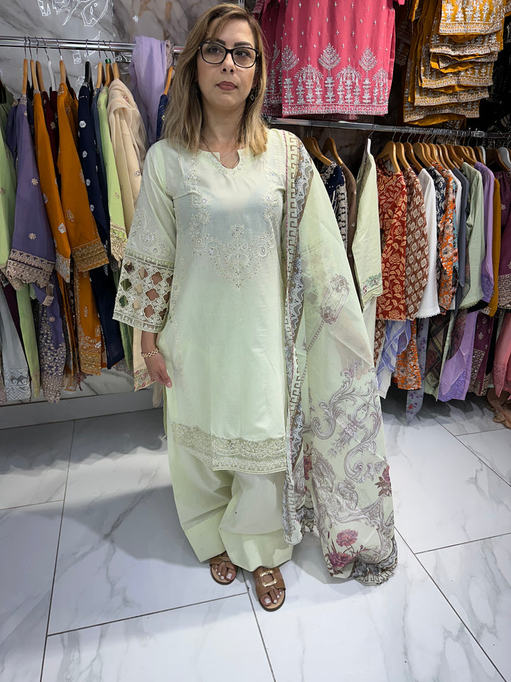 three piece cotton material suit with farshi shalwar Ready to Wear