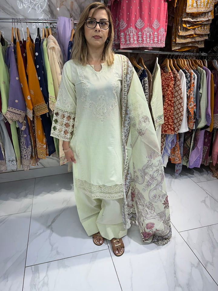 three piece cotton material suit with farshi shalwar Ready to Wear