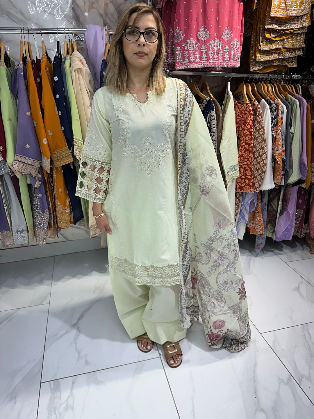 three piece cotton material suit with farshi shalwar Ready to Wear