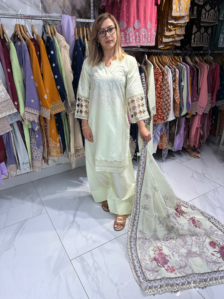 three piece cotton material suit with farshi shalwar Ready to Wear